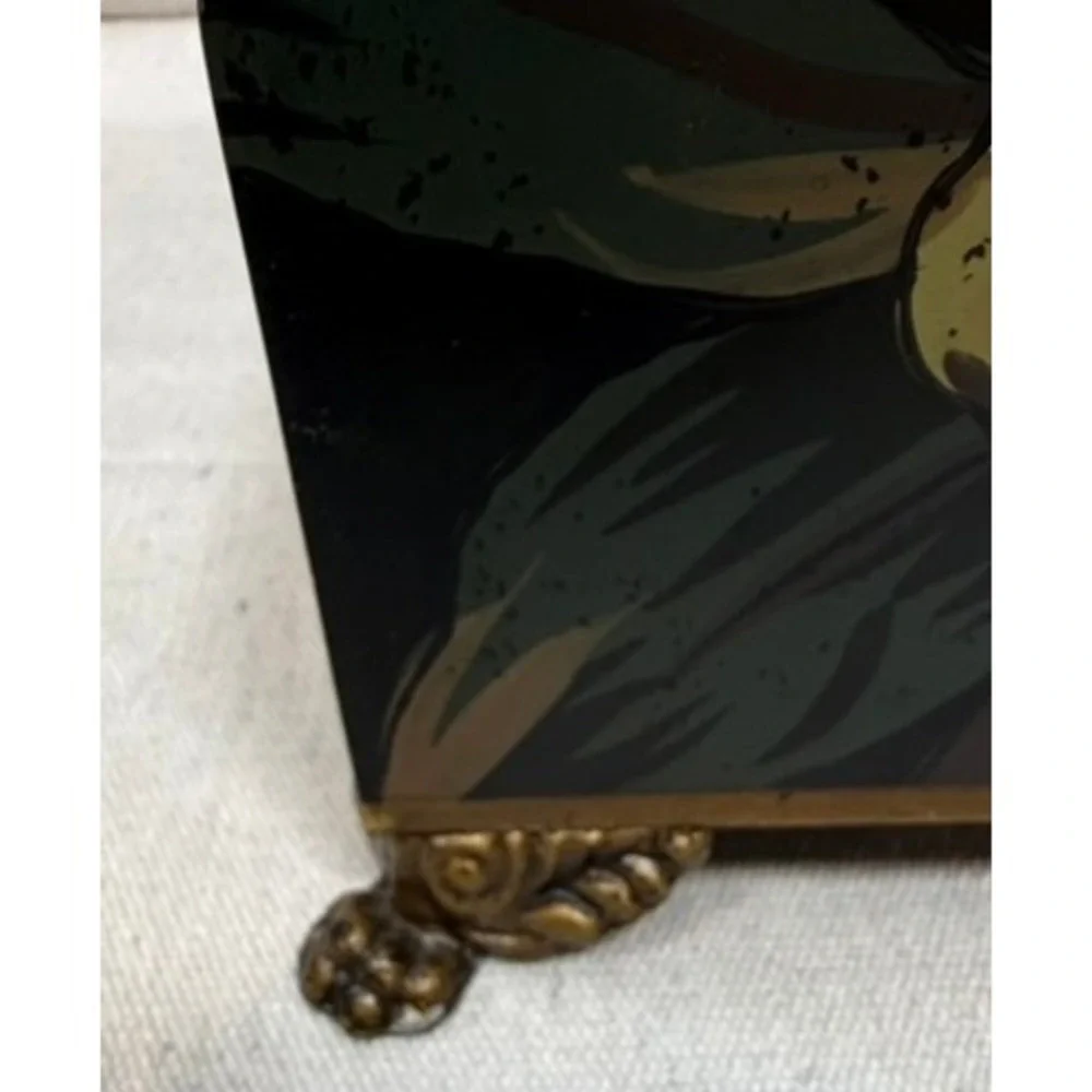 Vintage Floral Hand Painted Decorative Jewelry Box Lion Paw Feet Pinecone Finial